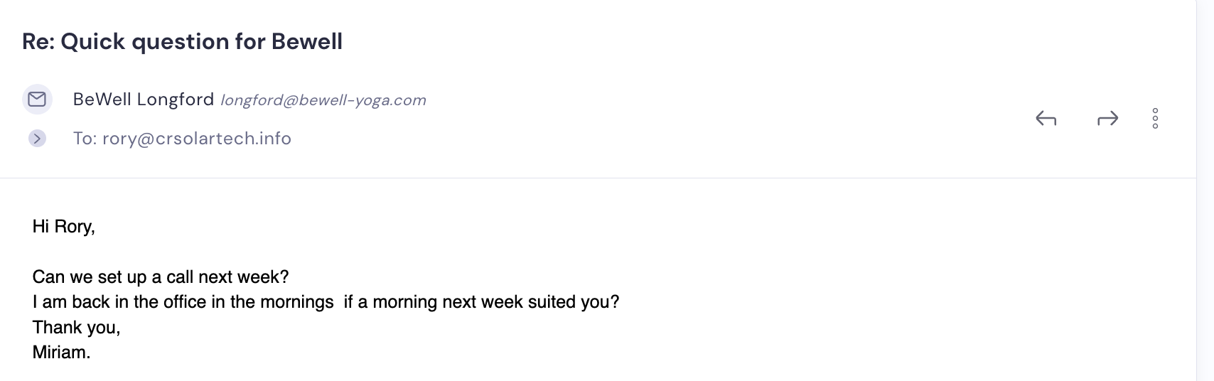 Reply from BeWell Longford asking to set up a call next week