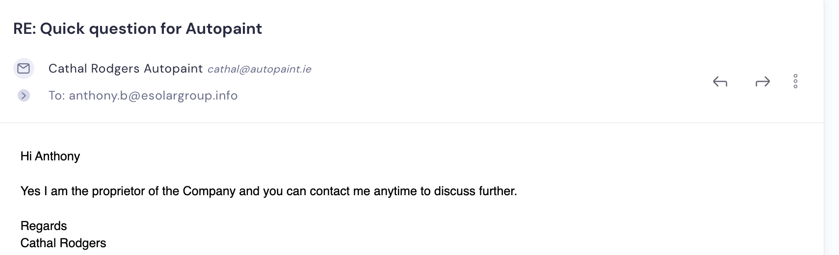 Proprietor of Autopaint inviting a follow-up conversation