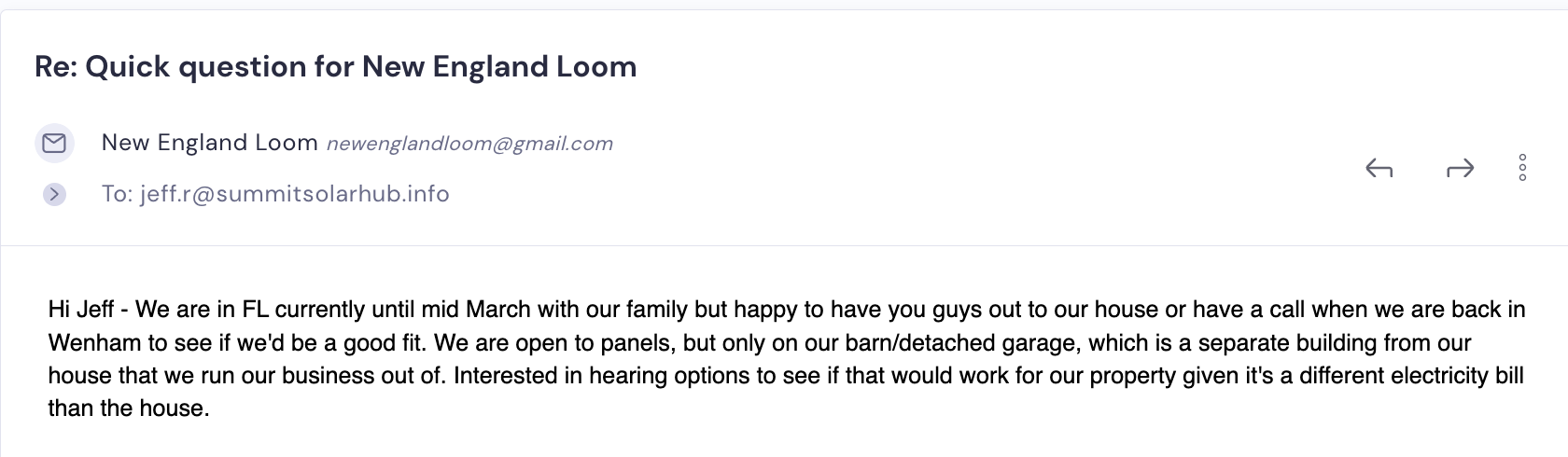Reply from a New England property owner open to a barn solar install