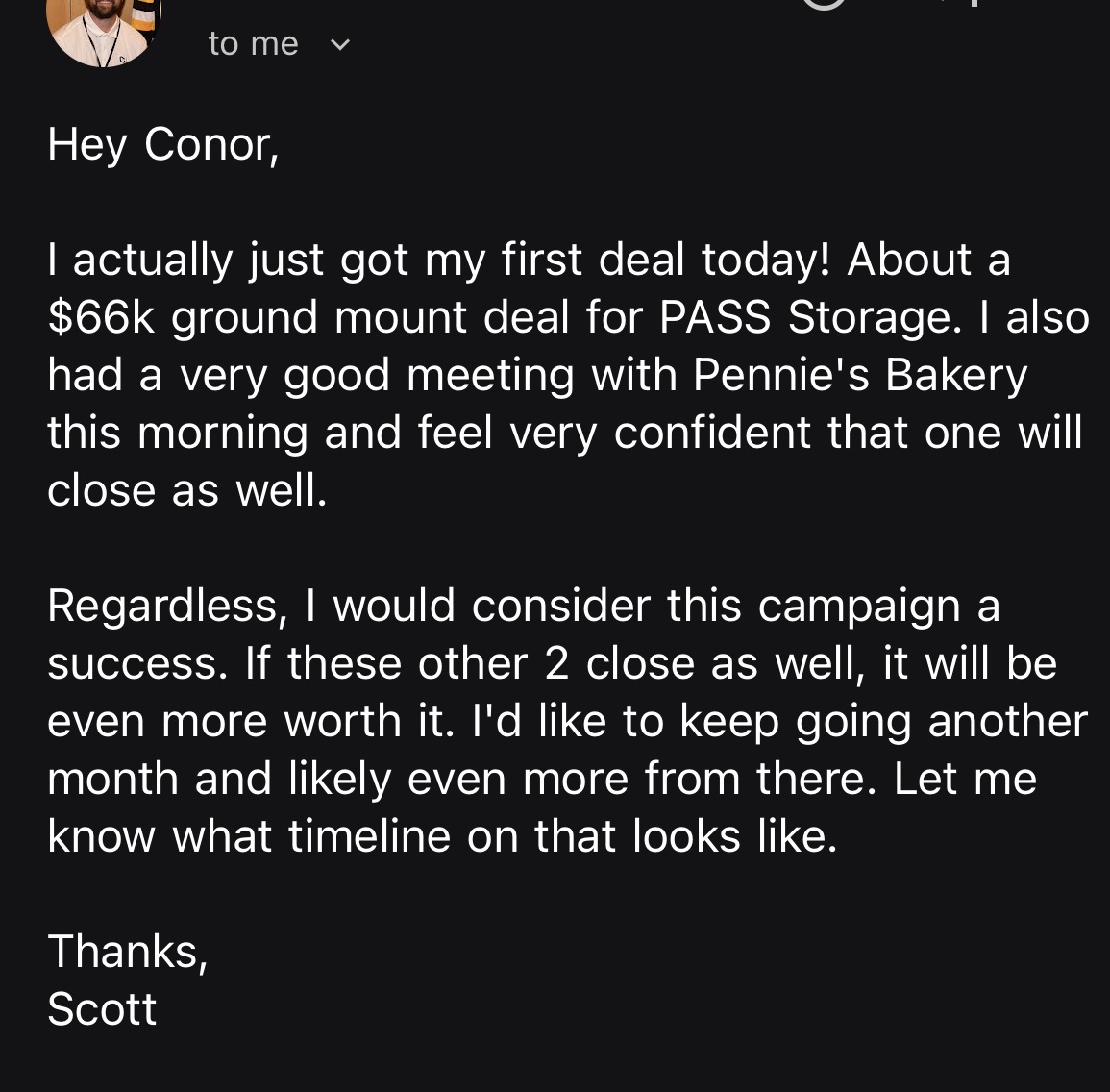 Reply confirming first $66k ground mount deal closed for PASS Storage